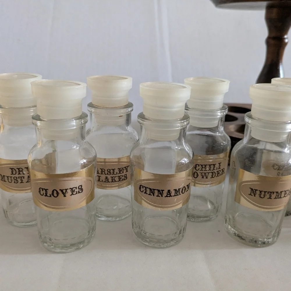 Vintage Glass Spice Jars Bottles Set of 12.Apothecary Jars With Wood Lazy Susan